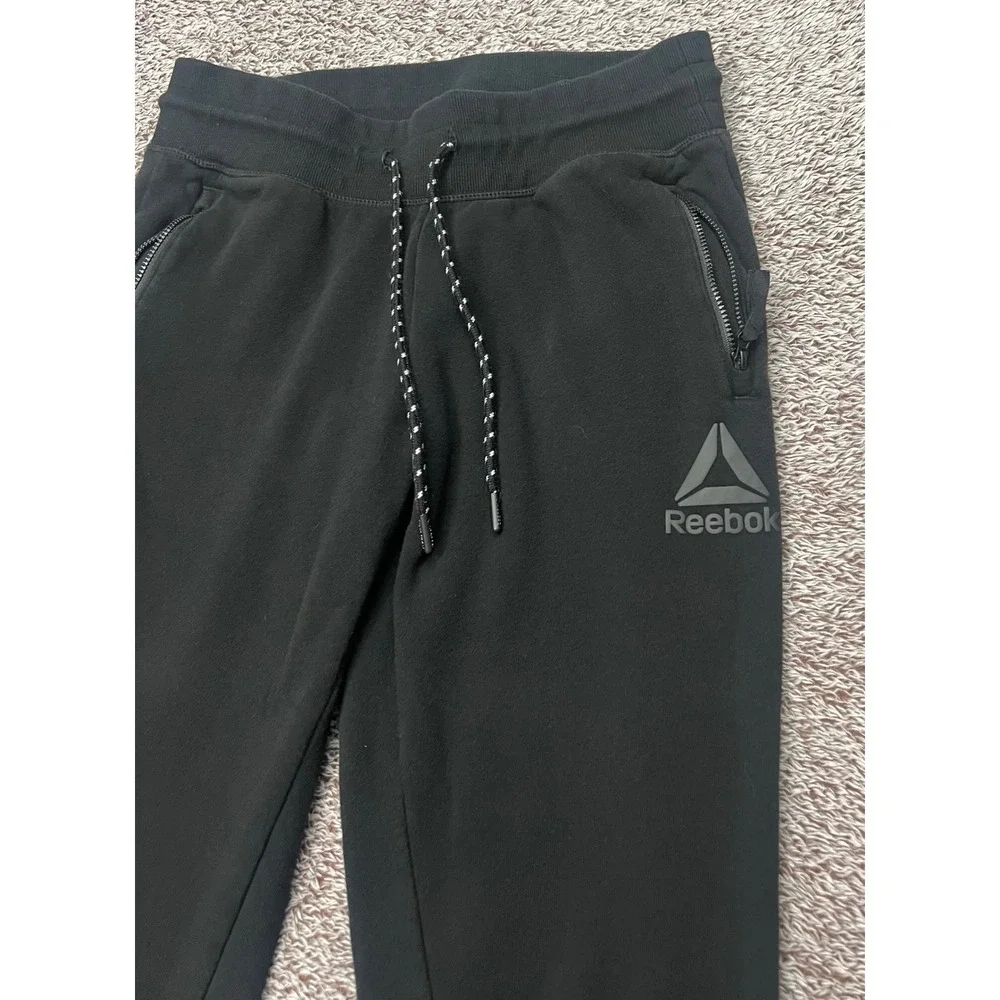 Reebok Mens S Black Fleece Jogger Sweatpants Zipper Pockets Tapered Athletic